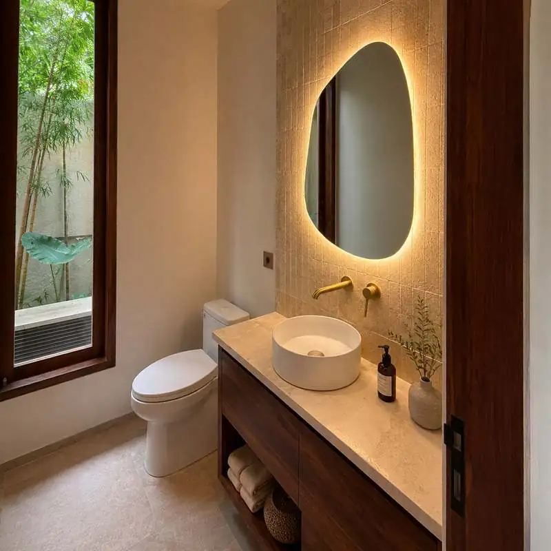 Stone basin with brass fittings