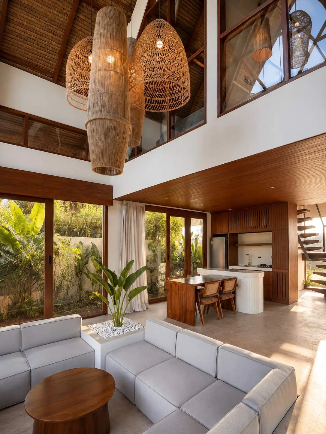 Luxury Huts — double-height living room, photographed on site