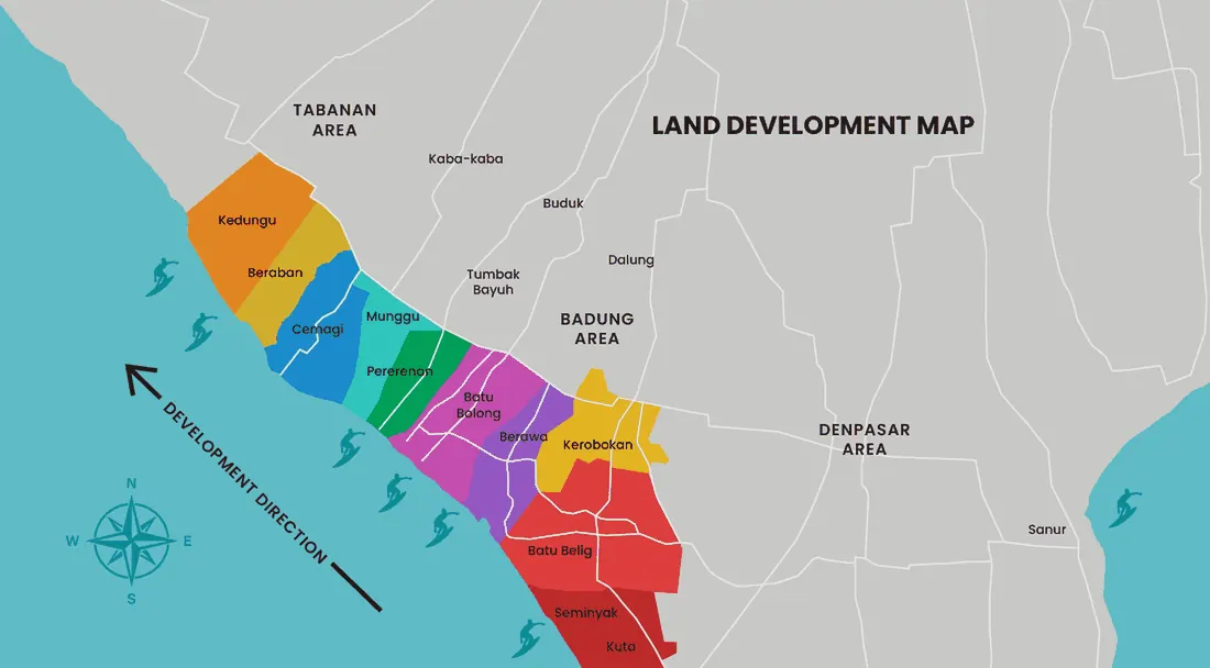 Land development map — development direction along Bali's south-west coast toward Kedungu