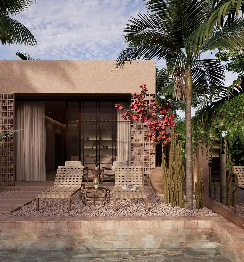 Moroccan Cubes — terracotta facade with pool terrace and loungers (render)