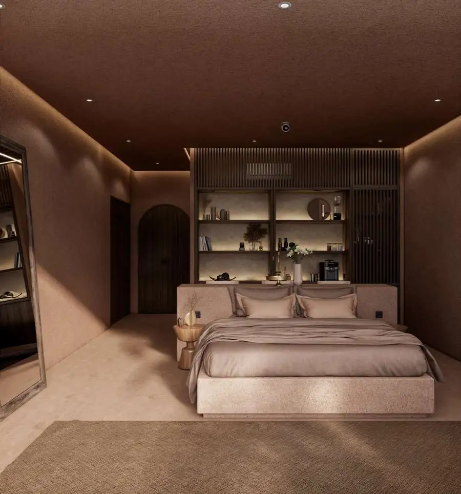 Bedroom with built-in shelving (render)