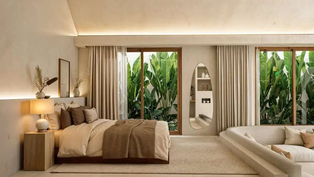 Villa Bayu — loft bedroom under the pitched ceiling (render)