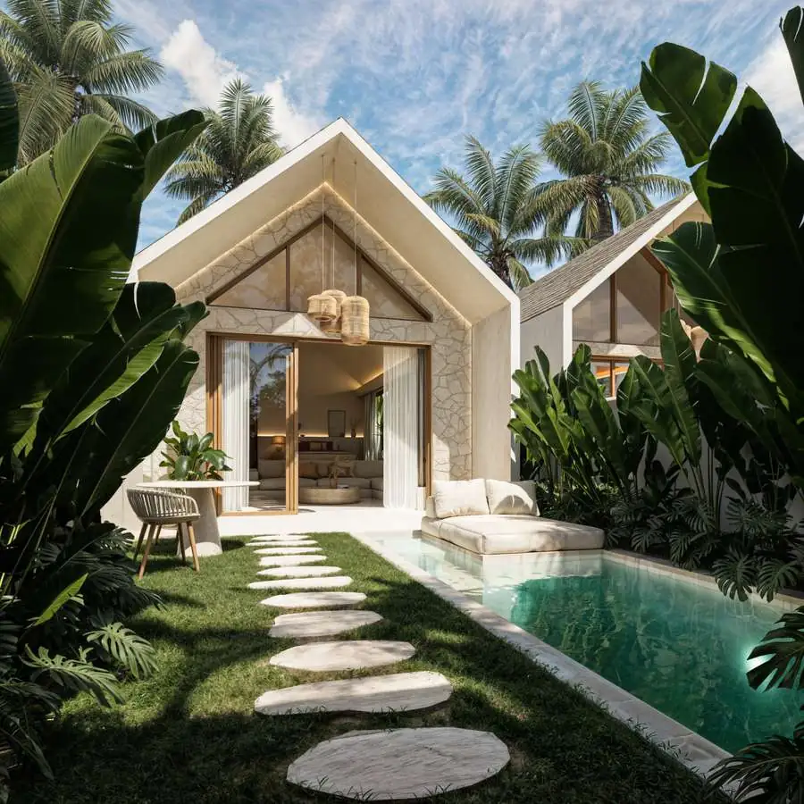 Gabled facade with pool and stepping stones (render)
