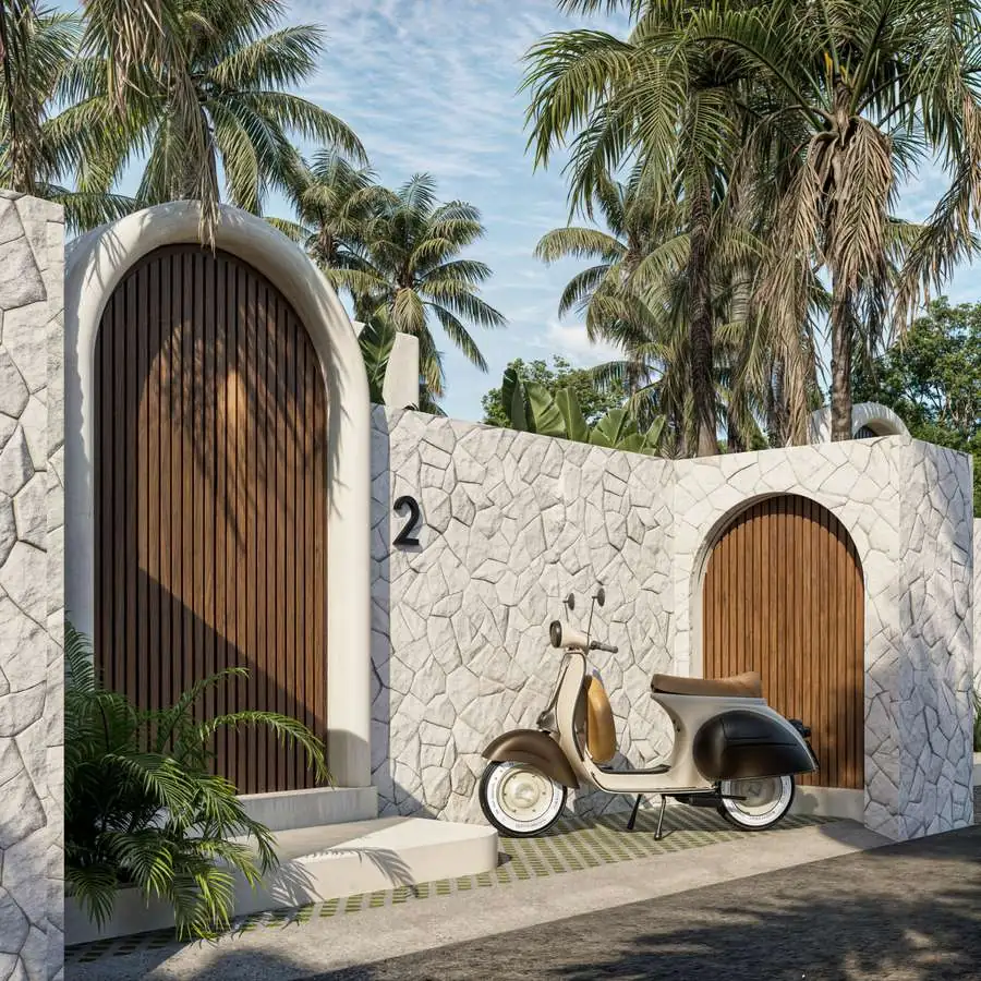 Stone entrance with private parking (render)