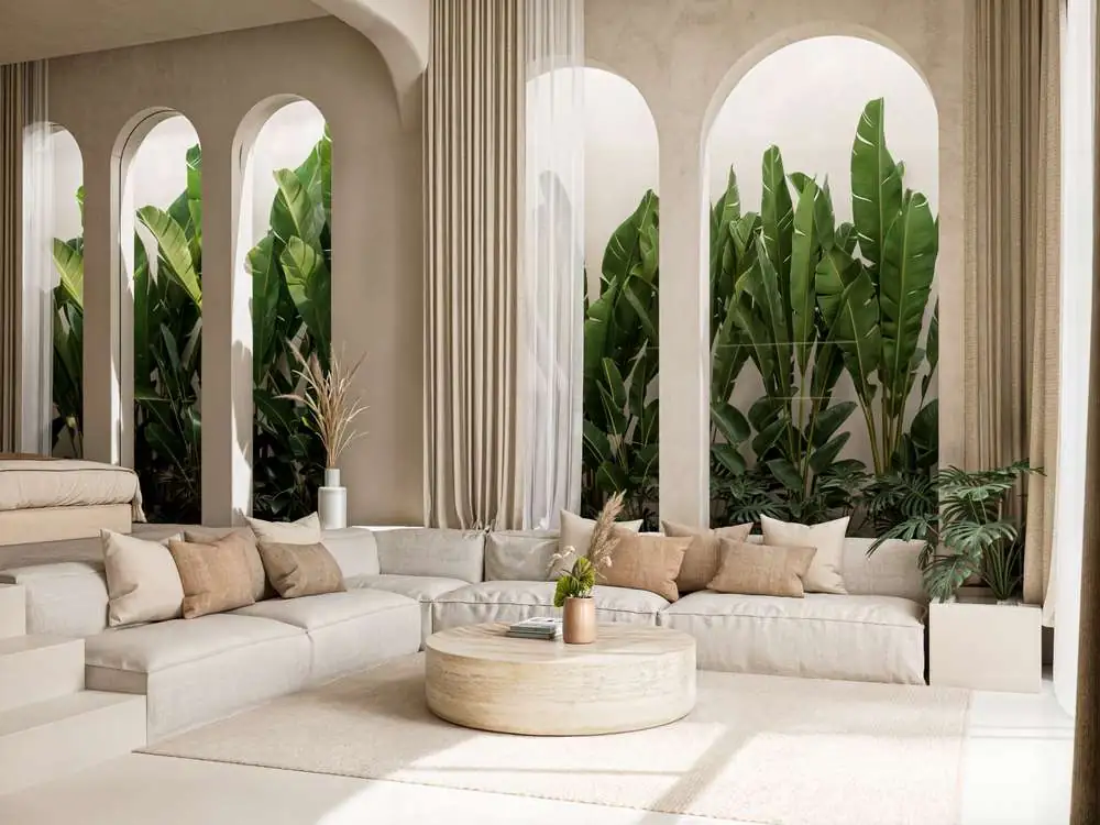 Villa Maihan — arch-windowed living room with oversized L-shaped sofa (render)